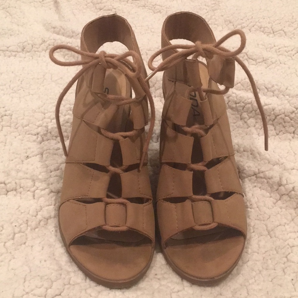 Soda Lace Up Cutout Bootie Peep Toe Heels